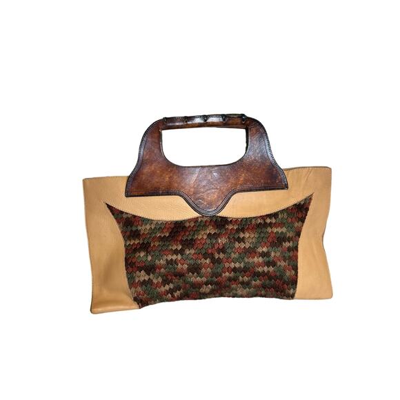 Vintage Leather Bag Crochet Top Handle Clutch Handmade - Picture 3 of 9